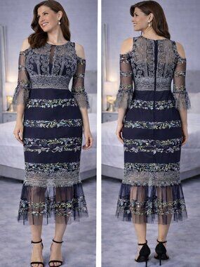 Marchesa Notte Navy Lace Open Shoulder Midi Dress $795
